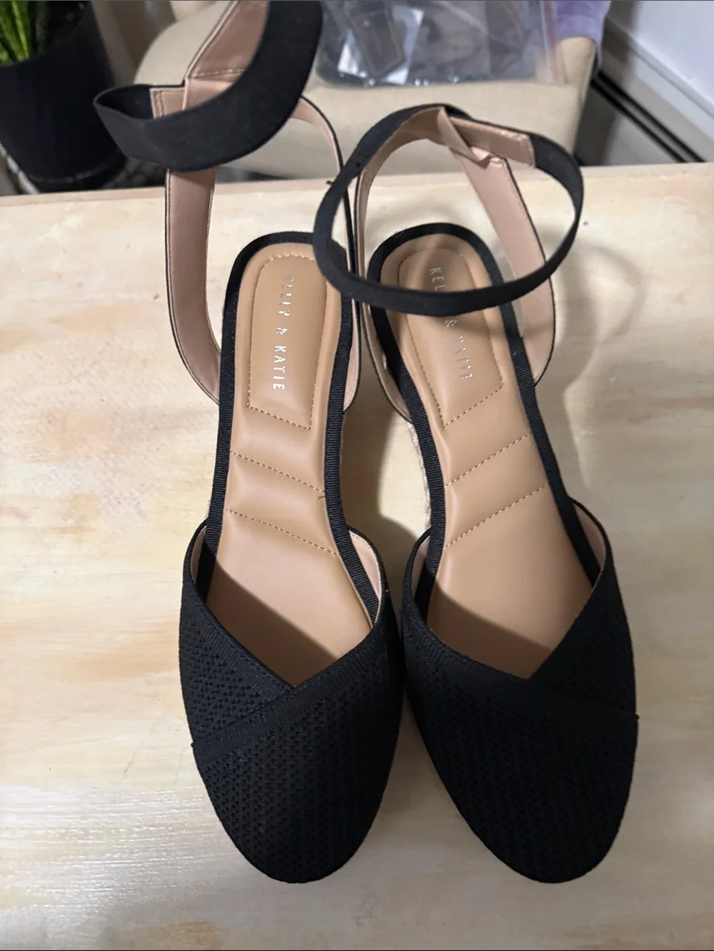 Kelly & Katie Black Pointed Knit Ankle-Strap wedge